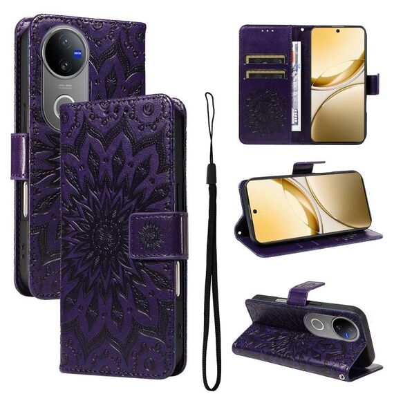 Per vivo V50 5G Custodia per telefono in pelle con motivo a girasole in rilievo globale (viola)