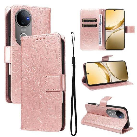 Per vivo V50 5G Custodia per telefono in pelle con motivo a girasole in rilievo globale (oro rosa)