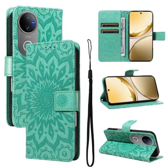 Per vivo V50 5G Custodia per telefono in pelle con motivo a girasole in rilievo globale (verde)