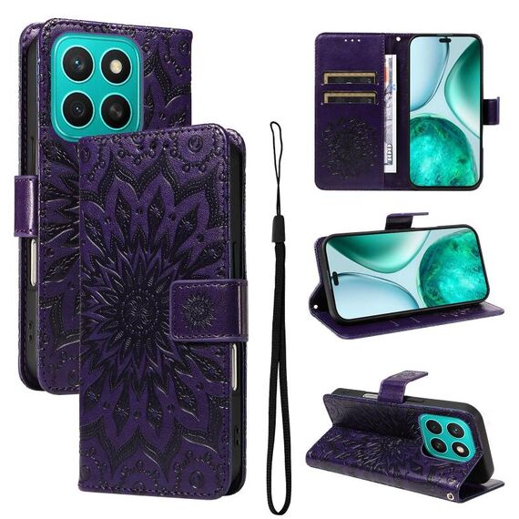 Per Honor X8C 4G Custodia per telefono in pelle con motivo a girasole in rilievo globale (viola)