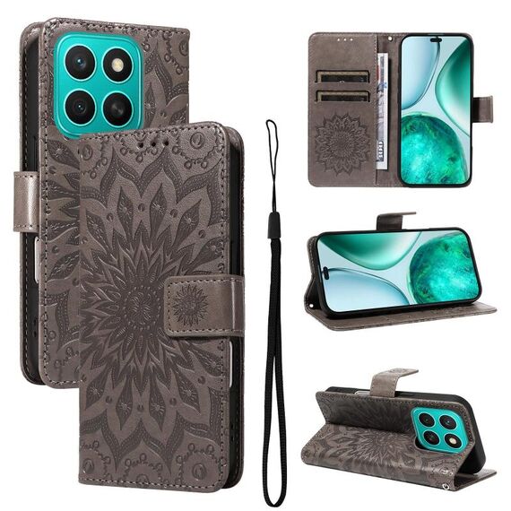 Per Honor X8C 4G Custodia per telefono in pelle con motivo a girasole in rilievo globale (grigio)