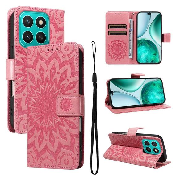 Per Honor X8C 4G Custodia per telefono in pelle con motivo a girasole in rilievo globale (rosa)