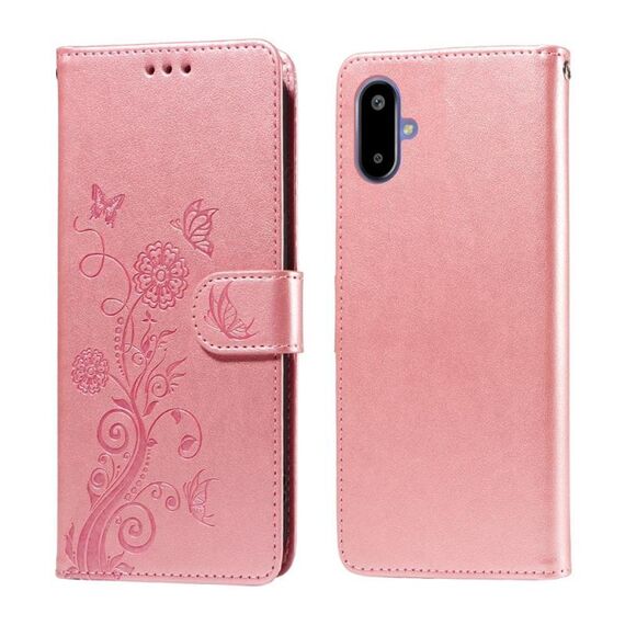 Per Samsung Galaxy F06 5G / M06 5G Custodia in pelle con fiori di farfalla in rilievo (oro rosa)