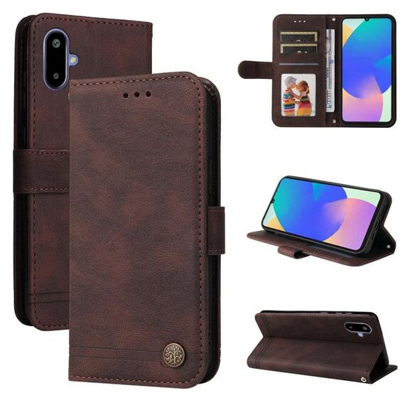 Per Samsung Galaxy F06 5G / M06 5G Custodia in pelle con bottoni in metallo e motivo albero della vita (marrone)
