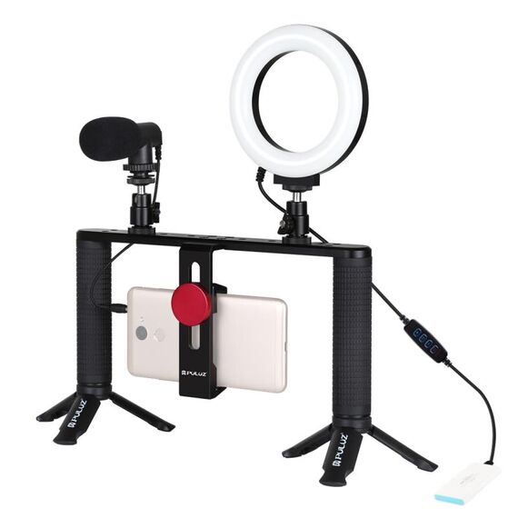 Pulluz 4 in 1 Vlogging trasmissione in diretta da 4,7 pollici Ding 12 cm LED Selfie Light Smartphone Video Rig Impugnatura Stabilizzatore Stabilizzatore Staffatore in alluminio Kit con microfono + Treppiede Mount + Cold Shoe Treppied Head