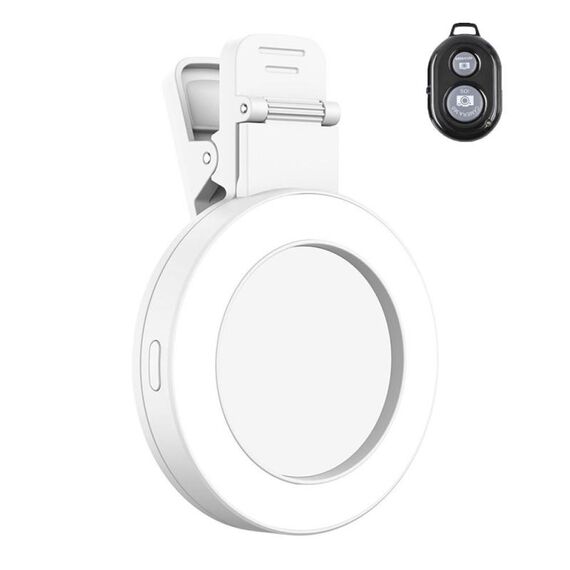 Specchio posteriore per selfie pieghevole con clip per cellulare, colore: bianco con telecomando
