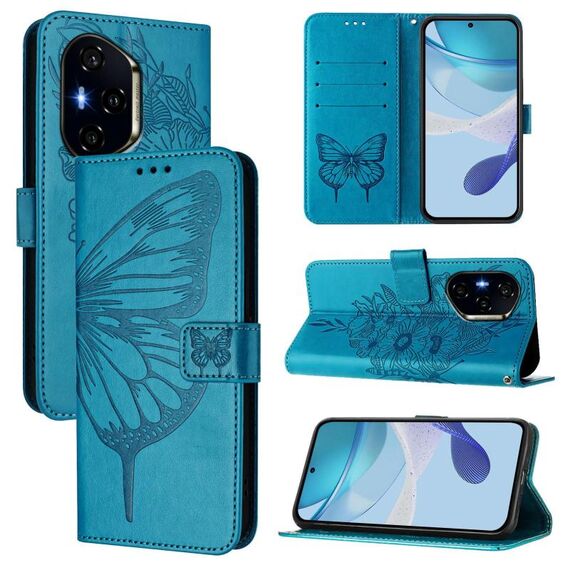 Custodia per telefono in pelle con motivo a farfalla in rilievo per Honor 400 (blu)
