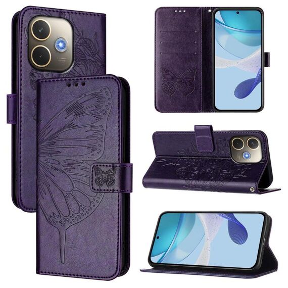 Per OPPO A5 Pro 5G Custodia per telefono in pelle con motivo a farfalla in rilievo globale (viola scuro)
