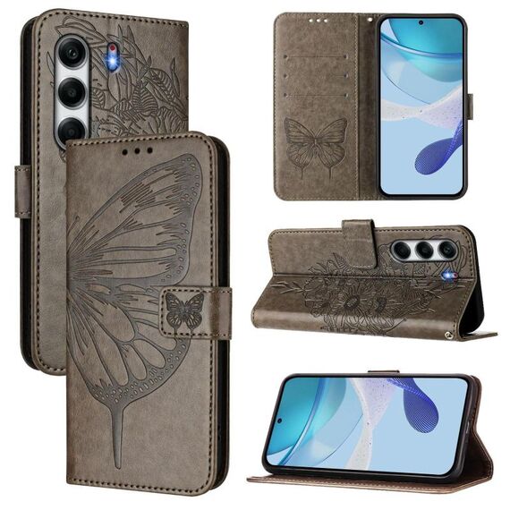 Per Tecno Camon 40 4G Custodia in pelle con motivo a farfalla in rilievo (grigio)