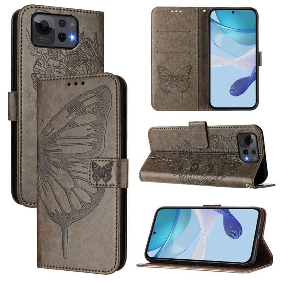 Per ASUS Zenfone 12 Ultra Custodia in pelle con motivo a farfalla in rilievo (grigio)