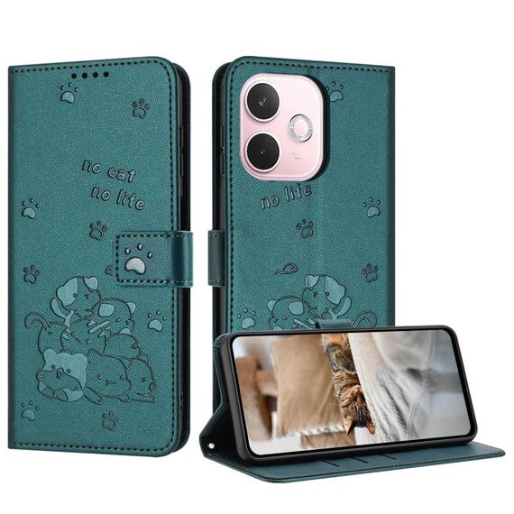 Per OPPO A5 Pro 5G Custodia in pelle per telefono con motivo a gattino in rilievo globale con cordino (verde scuro)