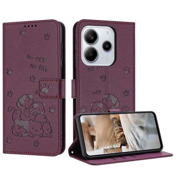 Per Redmi Note 14 4G 164,84 mm Custodia in pelle con motivo a gattino in rilievo con cordino (rosso vino)