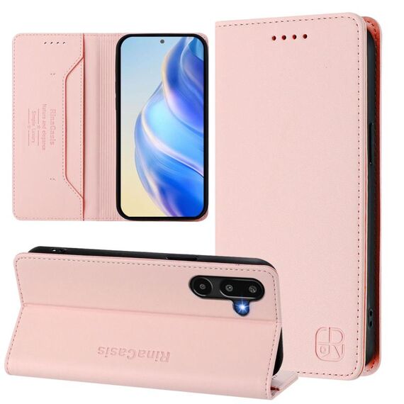 Per Samsung Galaxy M16 / F16 5G Global RC01 Custodia per telefono in pelle RFID con ventosa magnetica a doppia piega (rosa)