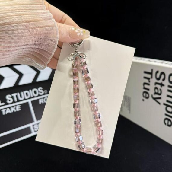 Catena per telefono con perline di cristallo a forma di cubo di zucchero (rosa)