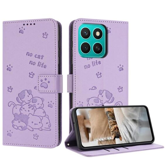 Per Honor X8c 4G Custodia in pelle con motivo a gattino in rilievo con cordino (viola)