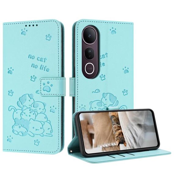Per vivo V50 Lite Custodia in pelle con motivo a gattino in rilievo con cordino (verde menta)
