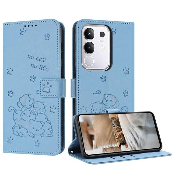Per vivo Y29 4G Custodia in pelle con motivo a gattino in rilievo con cordino (blu)