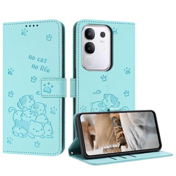 Per vivo Y29 4G Custodia in pelle con motivo a gattino in rilievo con cordino (verde menta)