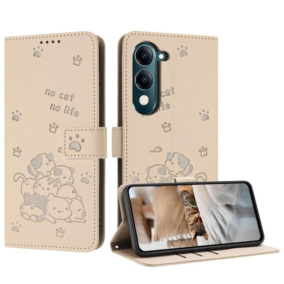 Per vivo Y29s 5G / Y04 4G Custodia in pelle con cordino e motivo a gattino in rilievo (beige)