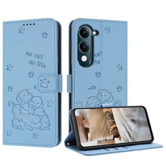 Per vivo Y29s 5G / Y04 4G Custodia in pelle con cordino e motivo a gattino in rilievo (blu)