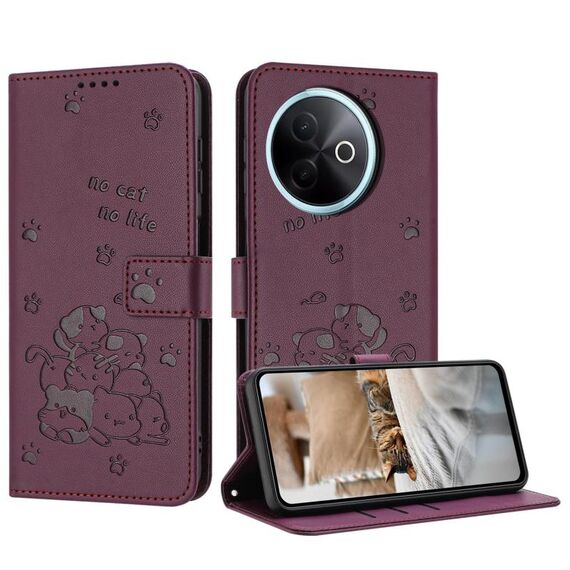 Per vivo Y39 5G Custodia in pelle per telefono con motivo a gattino in rilievo globale con cordino (rosso vino)