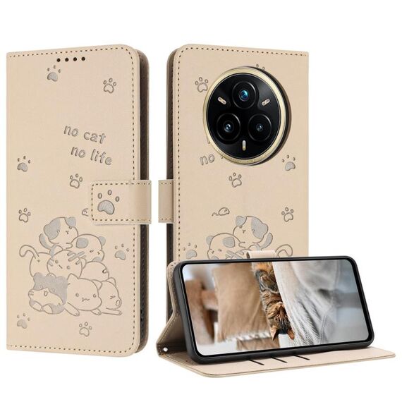 Per Realme 14 Pro Custodia in pelle con motivo a gattino in rilievo e cordino (beige)