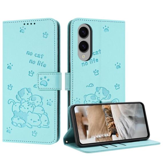 Per Samsung Galaxy S25 Edge 5G Custodia in pelle con motivo a gattino in rilievo e cordino (verde menta)
