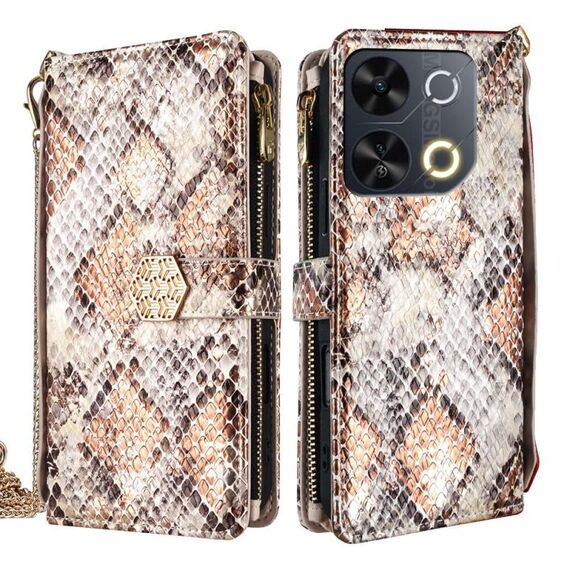 Per itel P65 Custodia per telefono in pelle con texture a serpente e maniglia a tracolla (bianca)