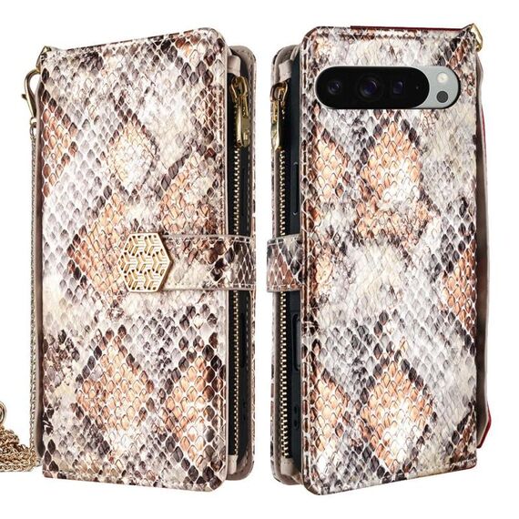 Per Google Pixel 9 Pro XL Custodia per telefono in pelle con texture a serpente e manico a tracolla (bianco)
