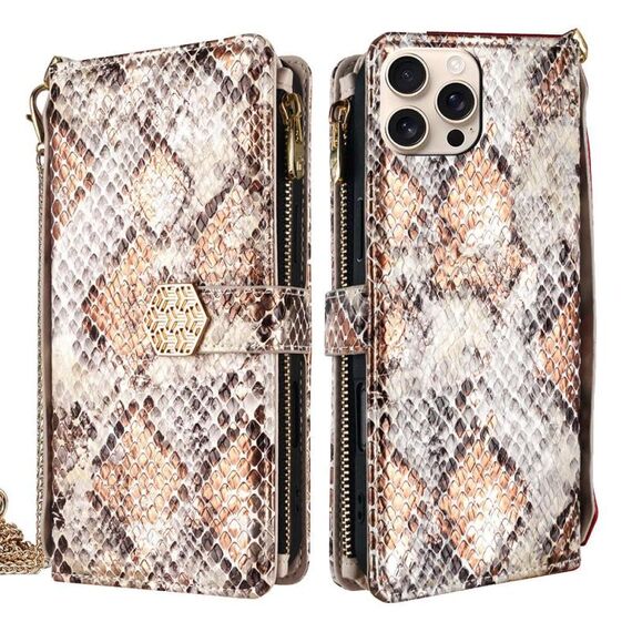 Per iPhone 15 Pro Custodia per telefono in pelle con texture serpente e manico a tracolla (bianco)