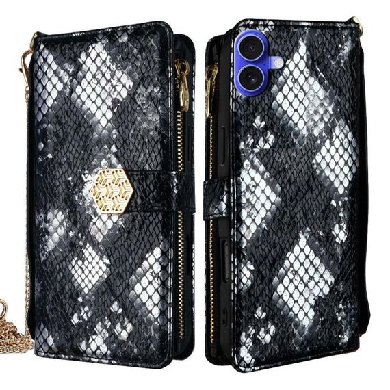 Per iPhone 16 Custodia per telefono in pelle con texture serpente e manico a tracolla (nero)