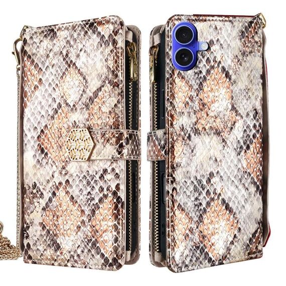 Per iPhone 16 Plus Custodia per telefono in pelle con texture a serpente e manico a tracolla (bianco)
