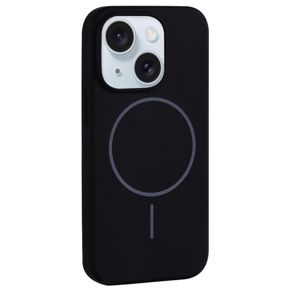 Per iPhone 15 Plus Custodia per telefono con copertura totale in silicone liquido MagSafe con foro grande per fotocamera (nero)