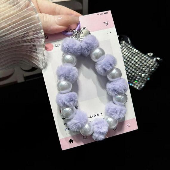 Catena per telefono con perle di cristallo e palla di peluche (marrone)