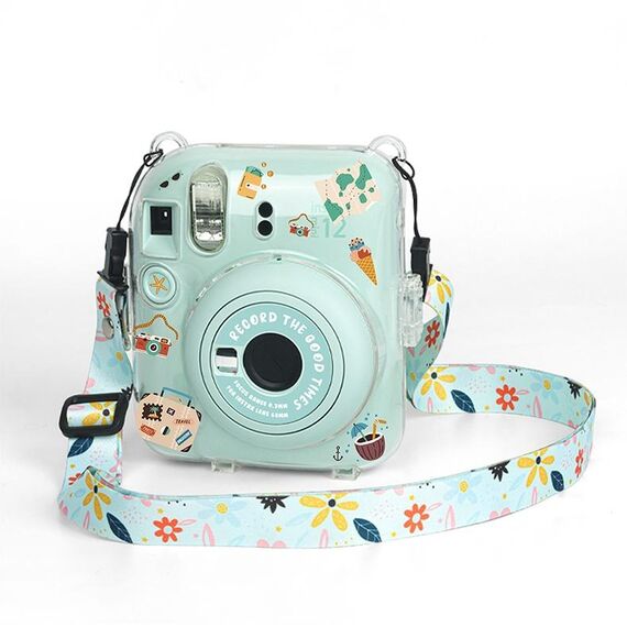 Per FUJIFILM instax mini 12 Crystal Custodia per fotocamera in acrilico rigido con tracolla (fiori verdi fai da te)