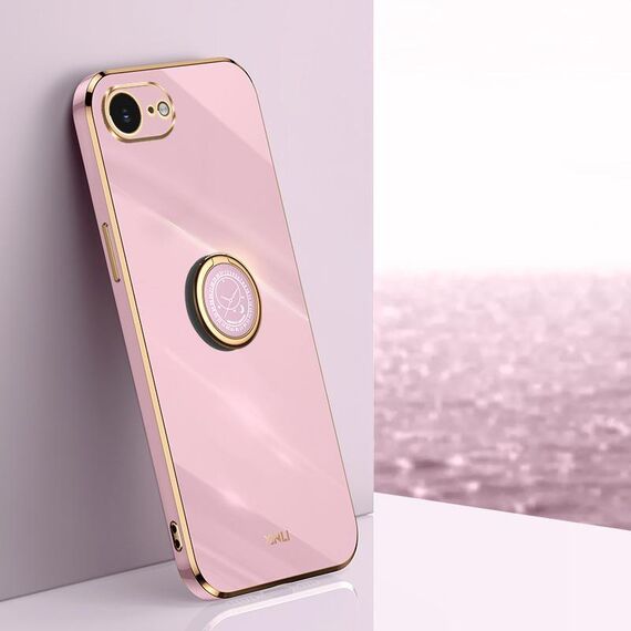 Per iPhone 16e XINLI Custodia per telefono in TPU elettroplaccato 6D con bordo dritto con supporto ad anello (viola ciliegia)
