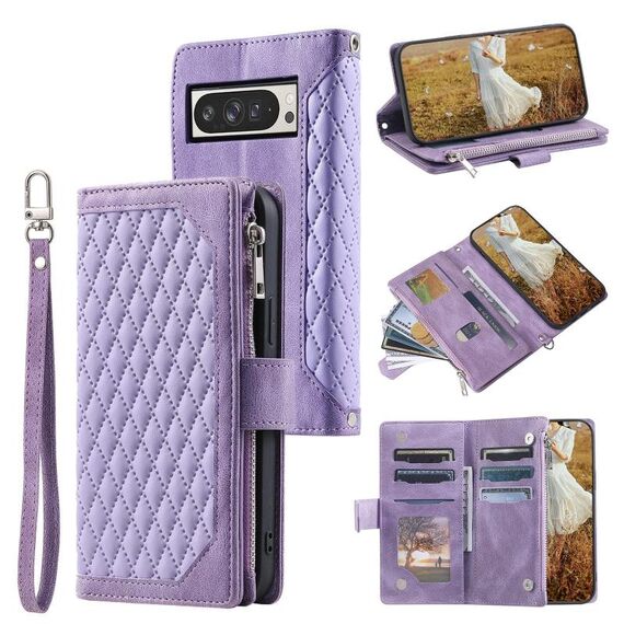 Per Google Pixel 10 Pro XL Custodia per telefono in pelle con cerniera e cordino con trama a griglia (viola)