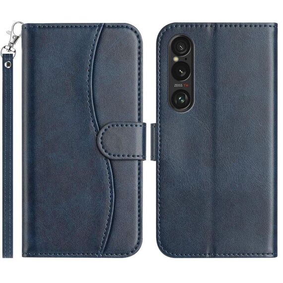 Per Sony Xperia 1 VI Custodia in pelle a forma di S a doppia piega (blu navy)