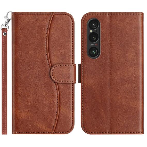 Per Sony Xperia 1 V 2023 Custodia in pelle a forma di S con doppia piegatura (caffè)