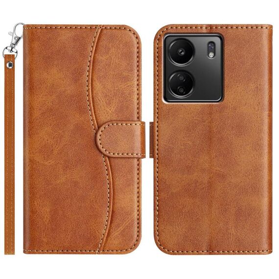Per Redmi 13C 4G Custodia in pelle a forma di S a doppia piega (marrone)