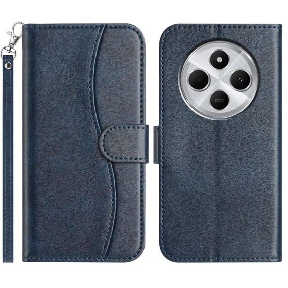 Per Redmi 14C 4G Custodia in pelle a forma di S a doppia piega (blu navy)