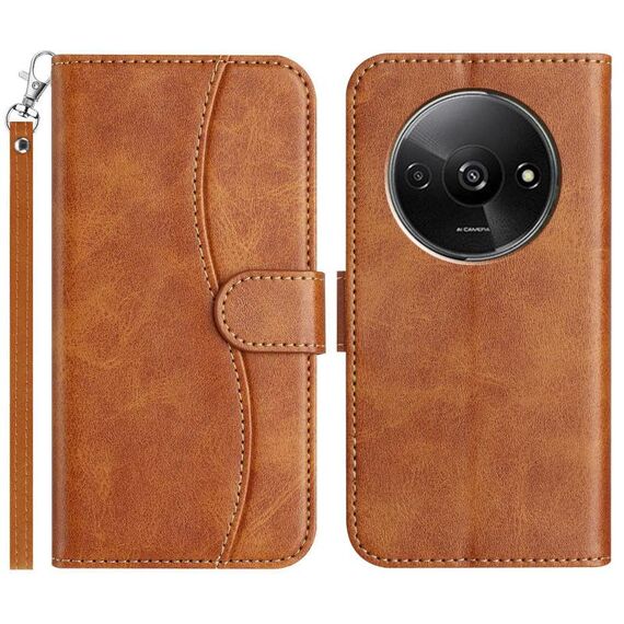 Per Redmi A3 / Poco C61 Custodia per telefono in pelle a forma di S a doppia piega (marrone)