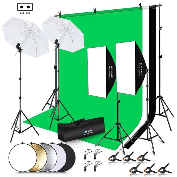 PULUZ LED Light Studio Softbox Kit fotografico con sfondo e riflettente e supporto per treppiede e sacchi di sabbia (spina europea)