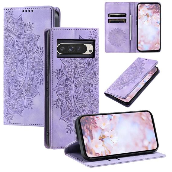 Per Google Pixel 10 Pro XL Custodia per telefono in pelle magnetica con motivo Totem in rilievo (viola)