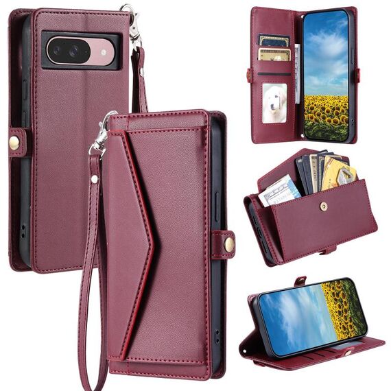 Per Google Pixel 10 / 10 Pro Portafoglio Multi-Slot per Carta Custodia per Telefono in Pelle con Lanyard (Rosso Vino)