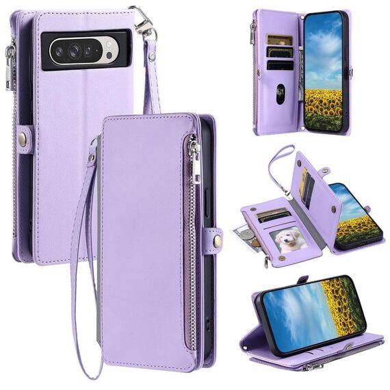 Per Google Pixel 10 Pro XL Custodia per telefono con cerniera con slot multi-scheda e cuciture in pelle (viola)