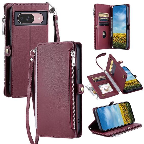 Per Google Pixel 10 / 10 Pro Custodia per telefono con cerniera con slot multi-scheda e cuciture in pelle (rosso vino)