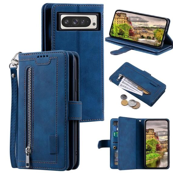 Per Google Pixel 10 Pro XL Custodia per telefono in pelle con cerniera per nove carte con cordino (blu)