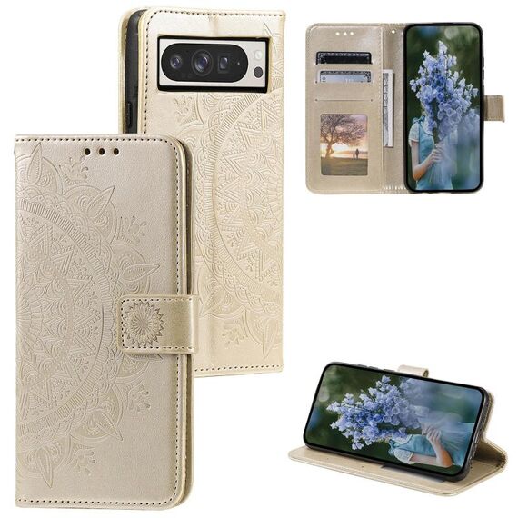 Per Google Pixel 10 Pro XL Custodia per telefono in pelle goffrata con motivo a fiori Totem con cordino (oro)