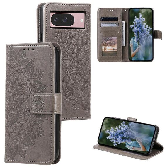 Per Google Pixel 10/10 Pro Custodia per telefono in pelle goffrata con motivo a fiori Totem con cordino (grigio)